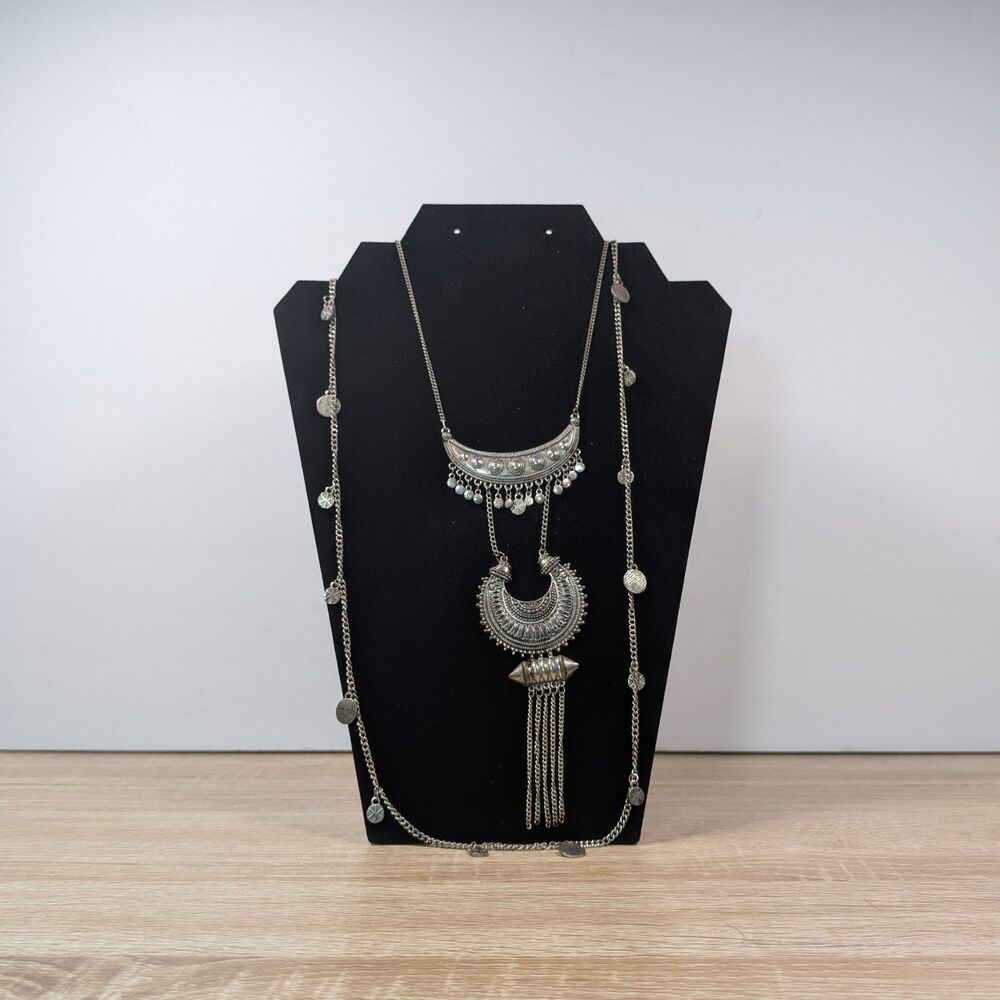 Silver-Tone Boho Layered Necklace Set – Gypsy Tribal Style – 20”